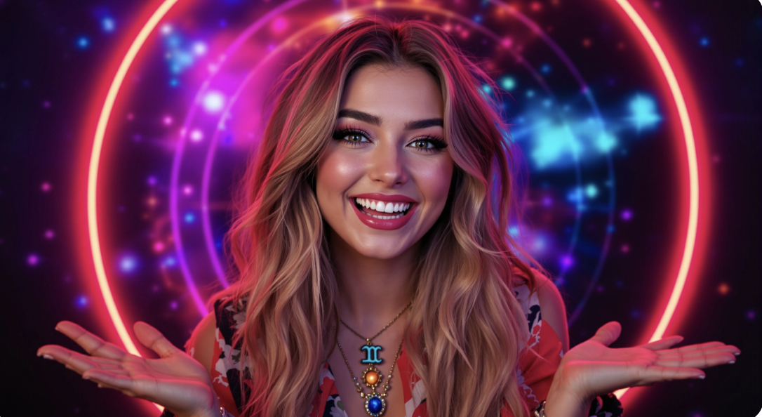 Zodie Dodie — cosmic astrology host glowing in neon zodiac rings
